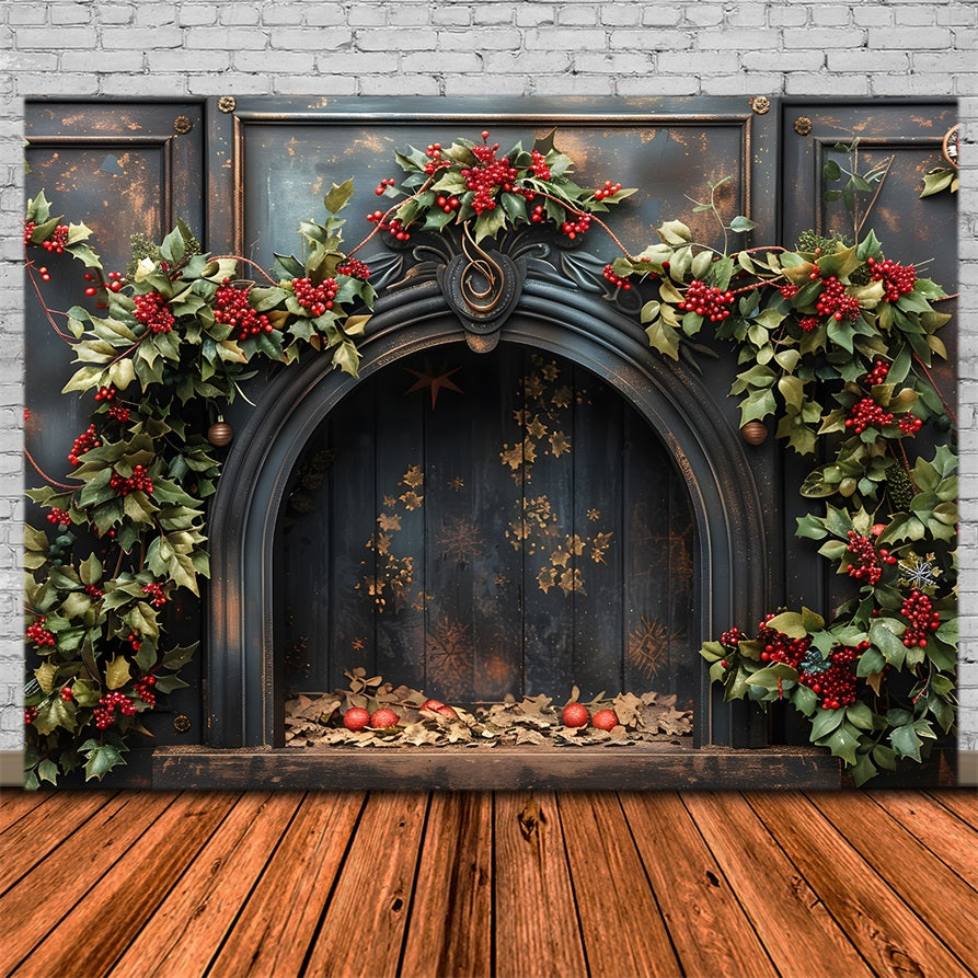 Christmas Holly Berry Fireplace Backdrop RR7-628