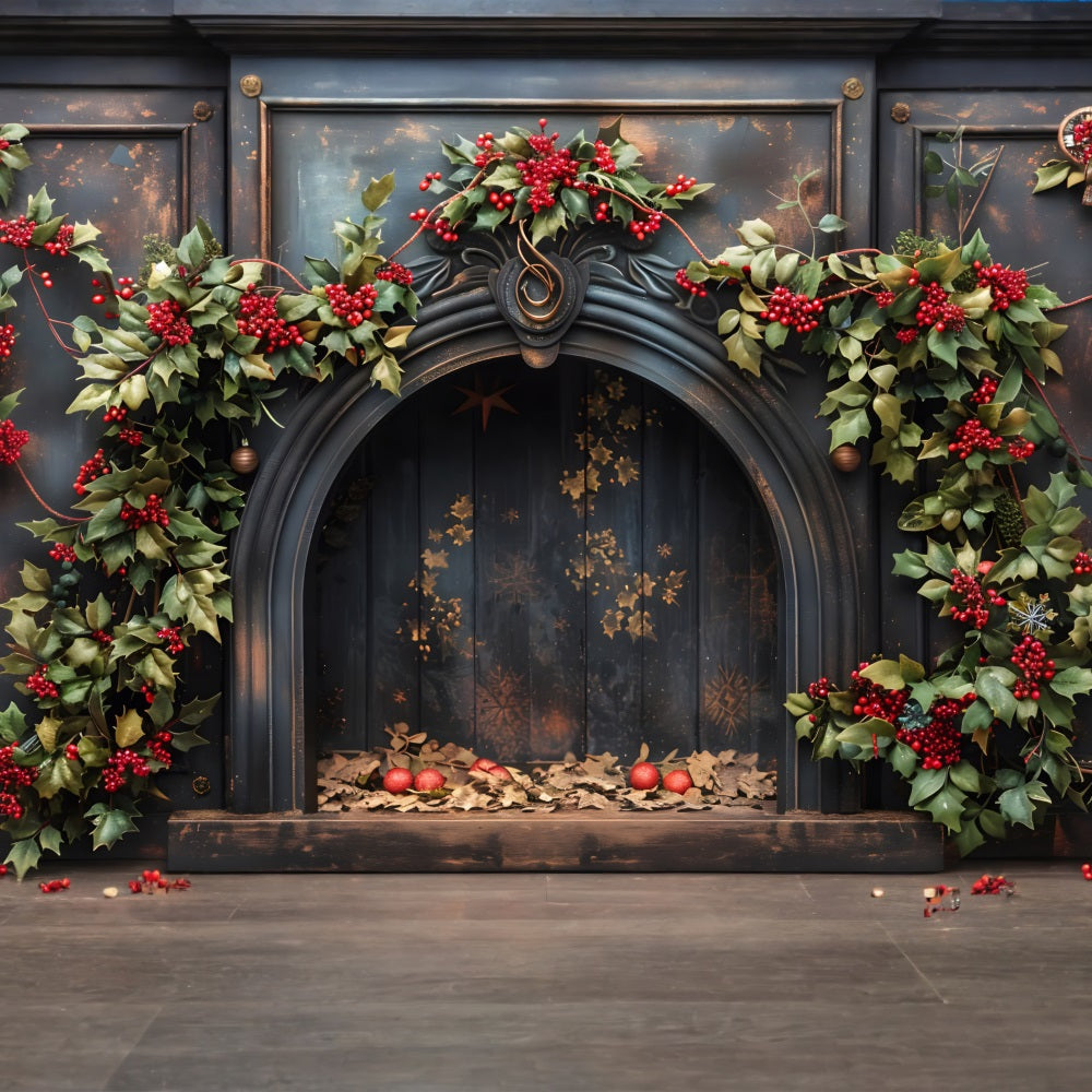 Christmas Holly Berry Fireplace Backdrop RR7-628