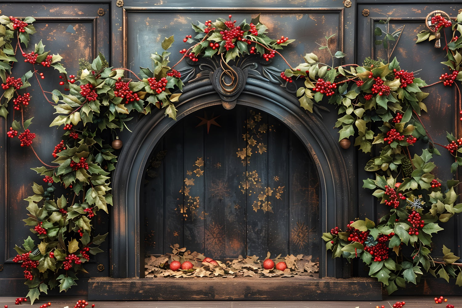 Christmas Holly Berry Fireplace Backdrop RR7-628