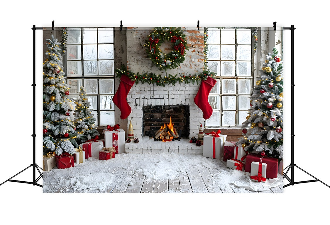 Christmas Stocking Fireplace Gift Tree Backdrop RR7-629