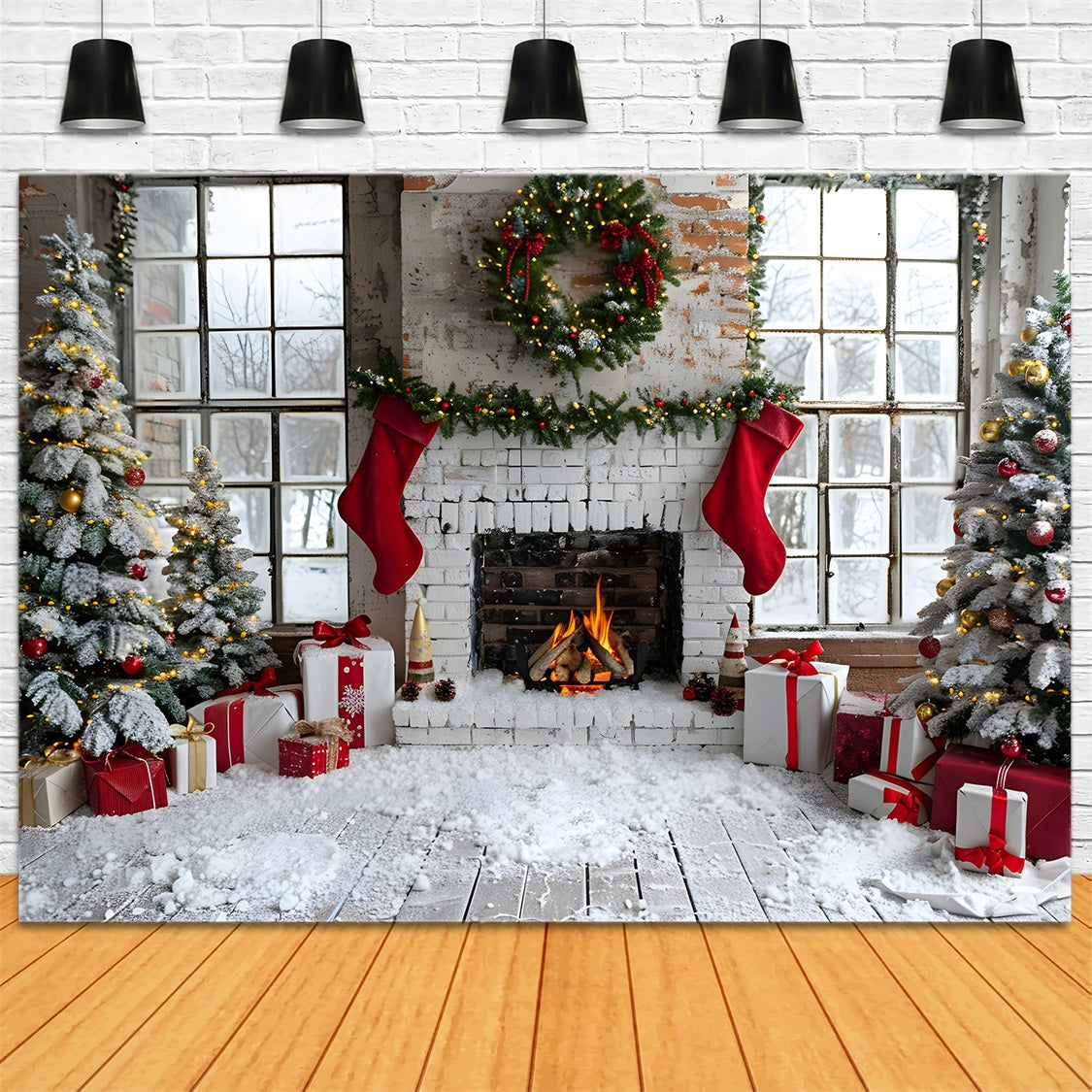 Christmas Stocking Fireplace Gift Tree Backdrop RR7-629