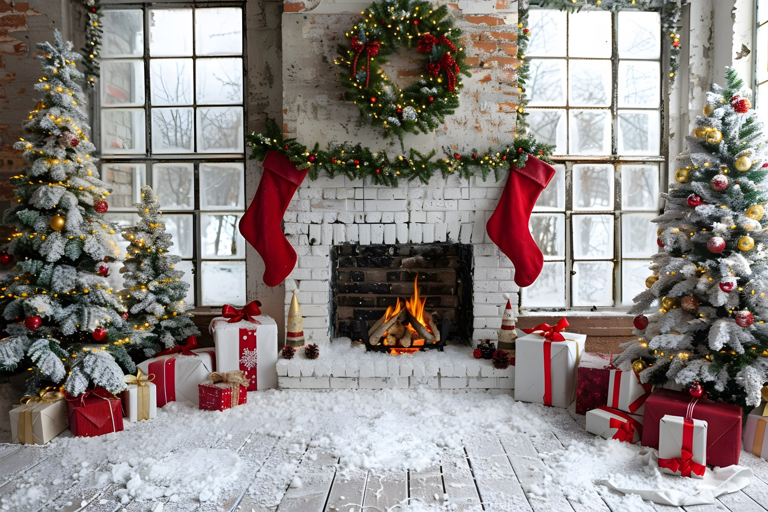 Christmas Stocking Fireplace Gift Tree Backdrop RR7-629