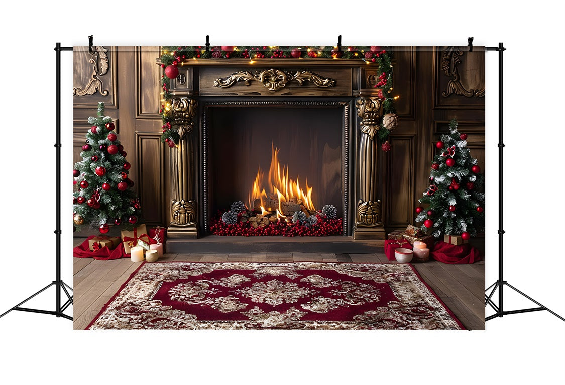 Christmas Elegant Fireplace Red Accents Backdrop RR7-631