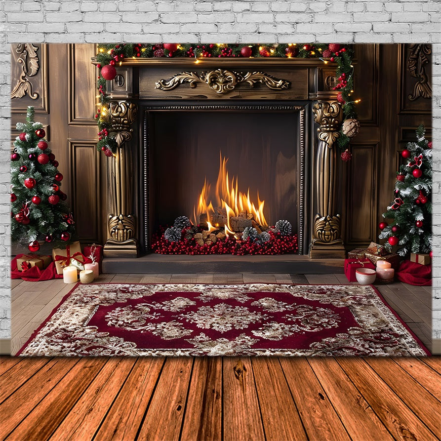 Christmas Elegant Fireplace Red Accents Backdrop RR7-631