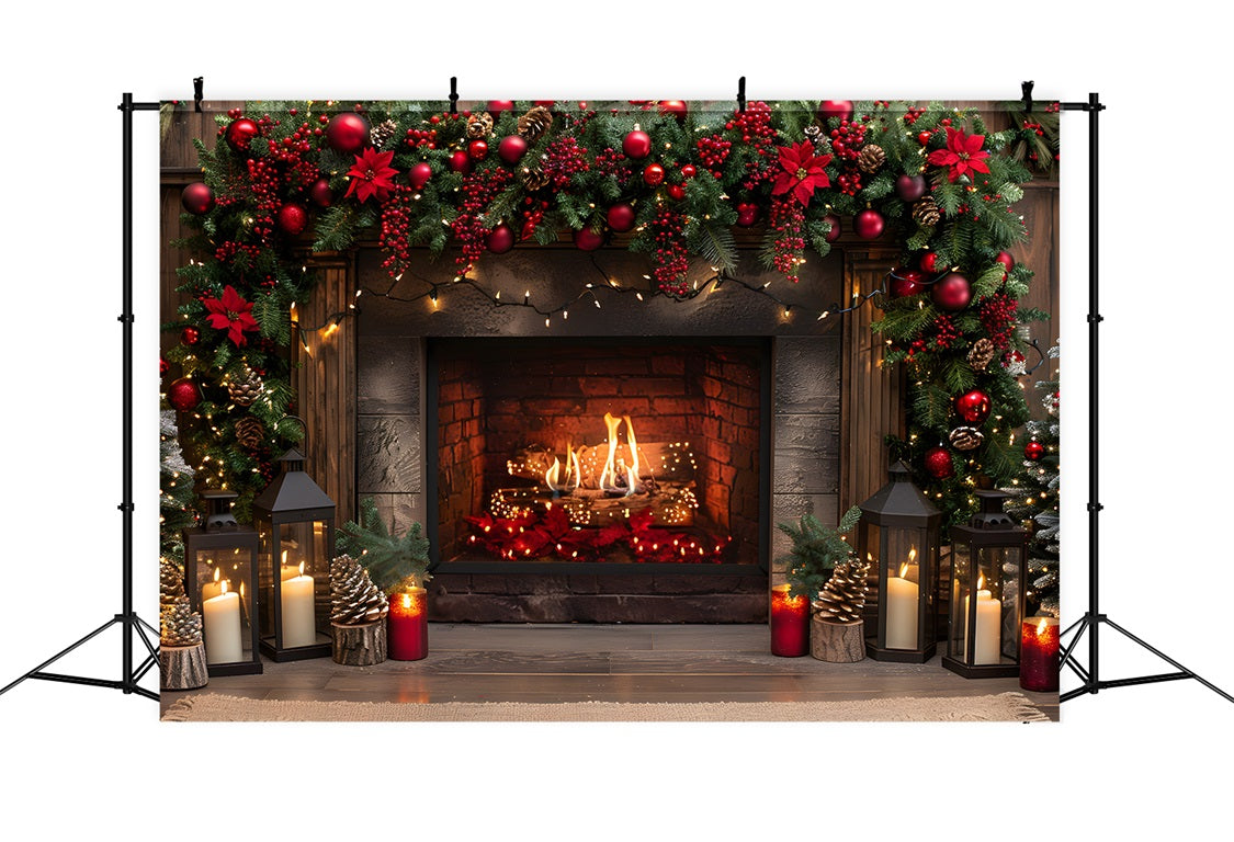 Christmas Fireplace Red Berries Lanterns Backdrop RR7-632