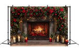 Christmas Fireplace Red Berries Lanterns Backdrop RR7-632