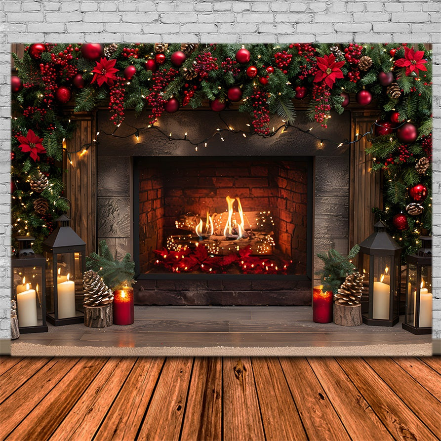 Christmas Fireplace Red Berries Lanterns Backdrop RR7-632