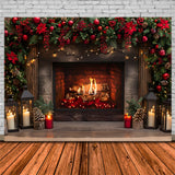 Christmas Fireplace Red Berries Lanterns Backdrop RR7-632