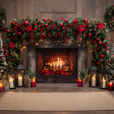 Christmas Fireplace Red Berries Lanterns Backdrop RR7-632