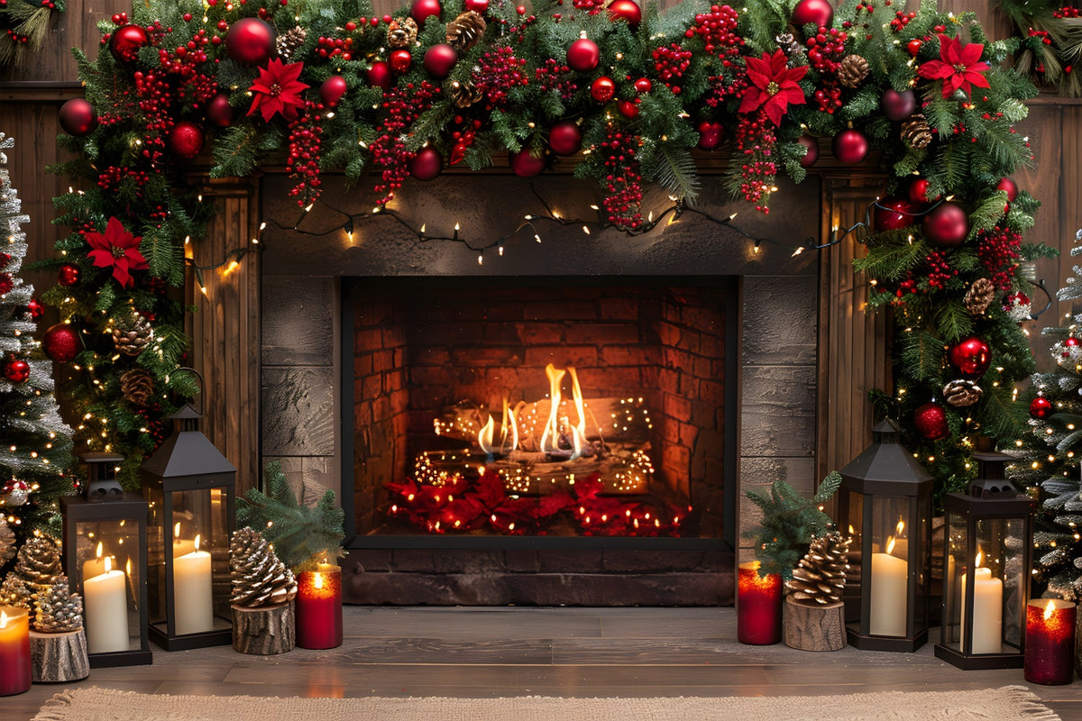 Christmas Fireplace Red Berries Lanterns Backdrop RR7-632