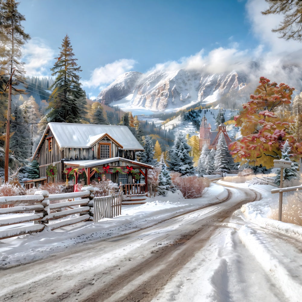 Christmas Snowy Mountain Cabin Decorations Backdrop RR7-640