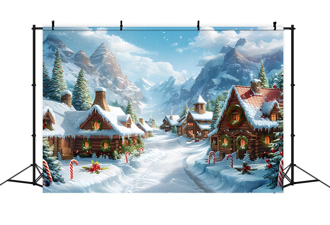 Christmas Alpine Village Festive Log Cabins Backdrop RR7-641