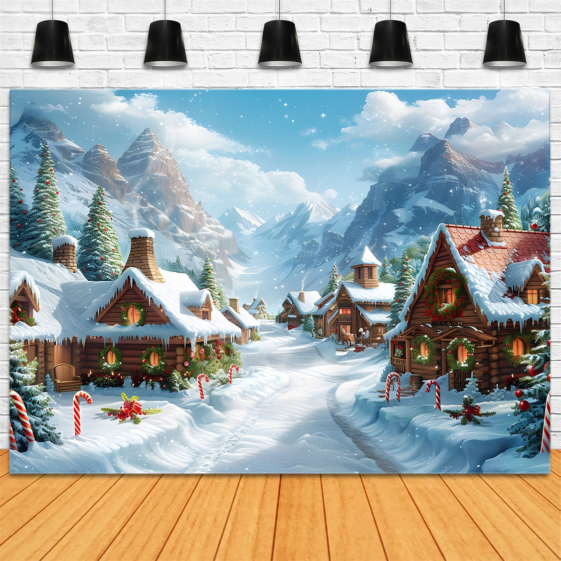 Christmas Alpine Village Festive Log Cabins Backdrop RR7-641