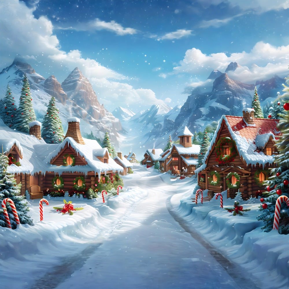 Christmas Alpine Village Festive Log Cabins Backdrop RR7-641