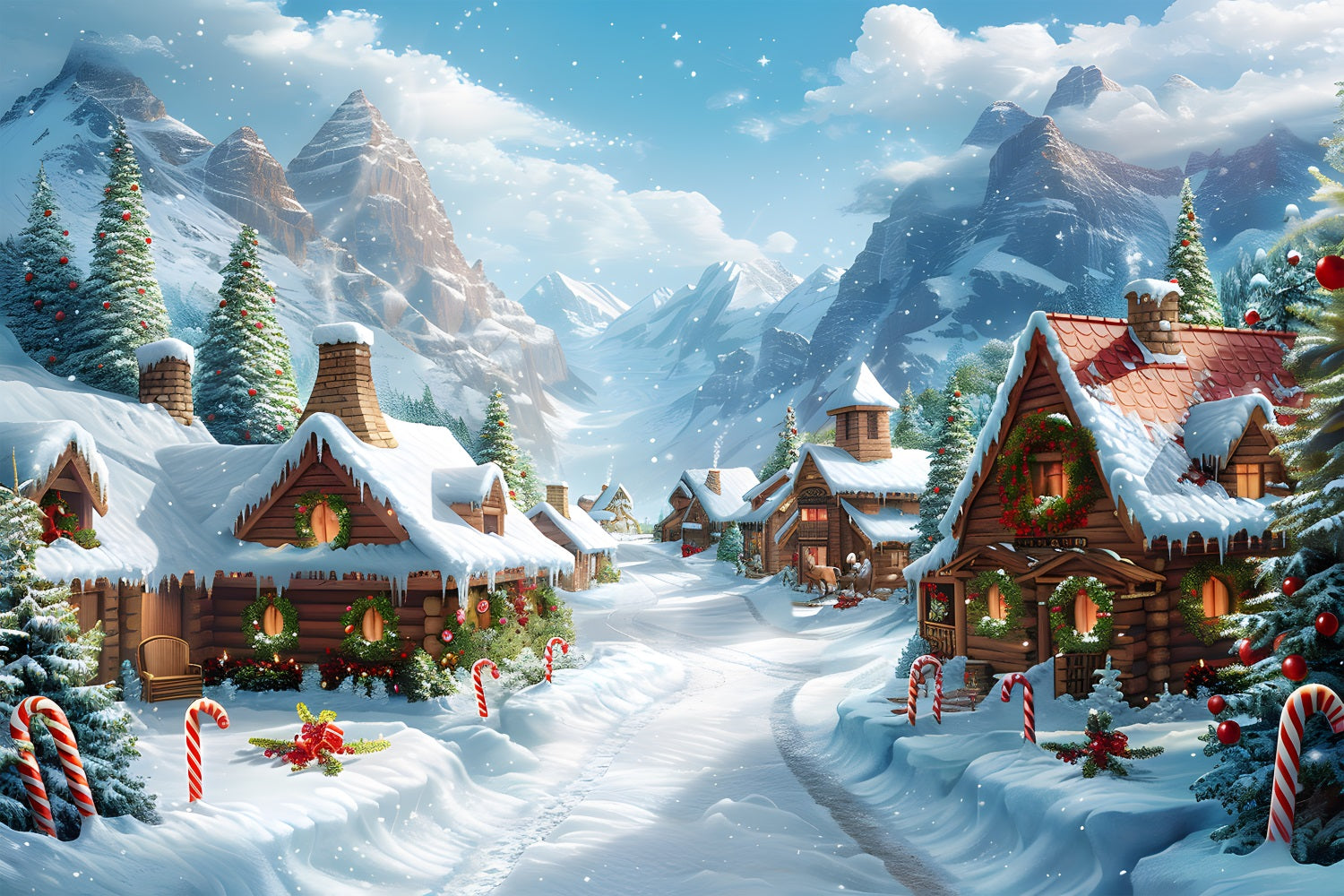 Christmas Alpine Village Festive Log Cabins Backdrop RR7-641