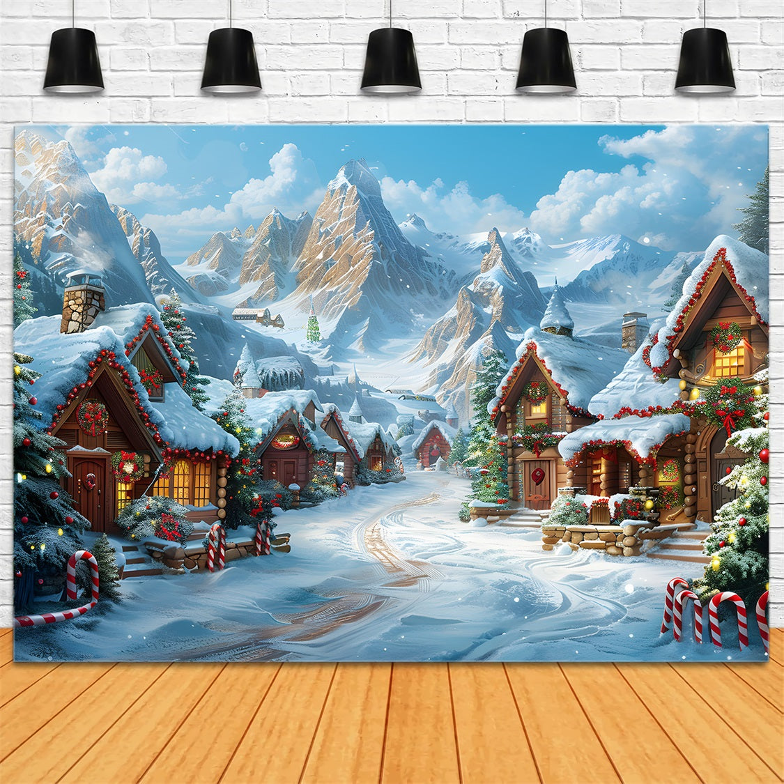 Christmas Village Snow Covered Cabins Backdrop RR7-642