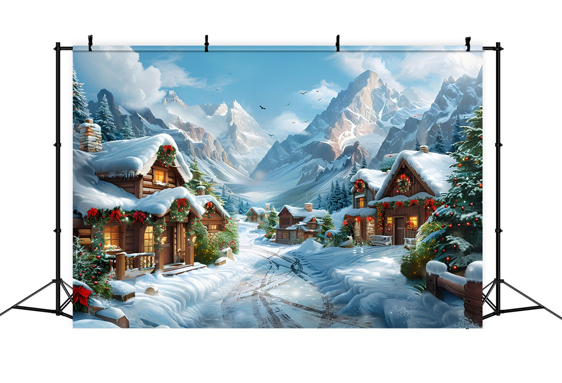 Christmas Snowy Alpine Village Scene Backdrop RR7-643