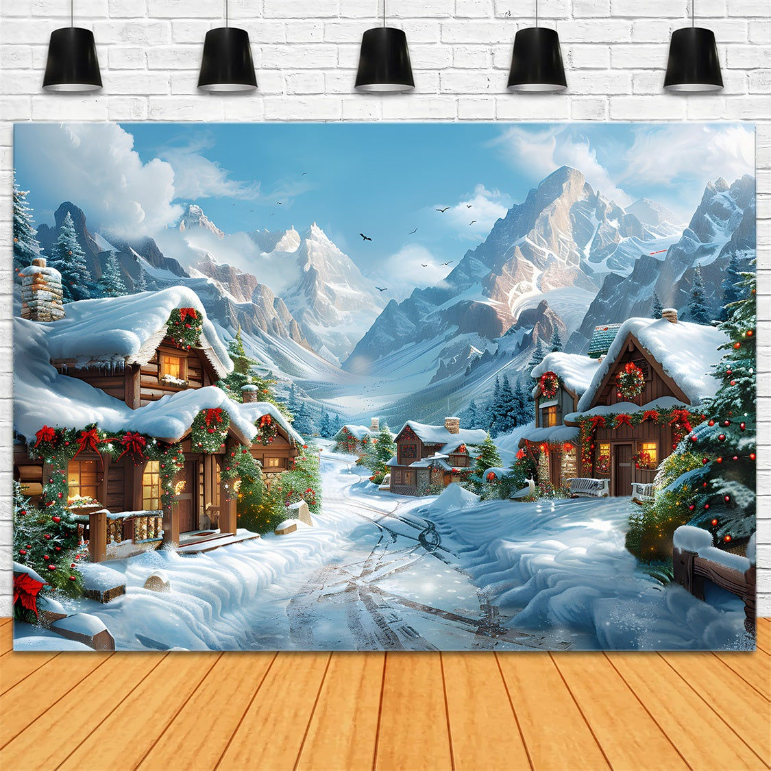 Christmas Snowy Alpine Village Scene Backdrop RR7-643