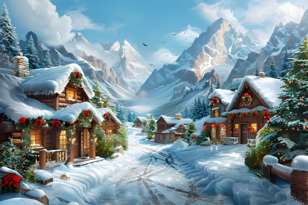 Christmas Snowy Alpine Village Scene Backdrop RR7-643