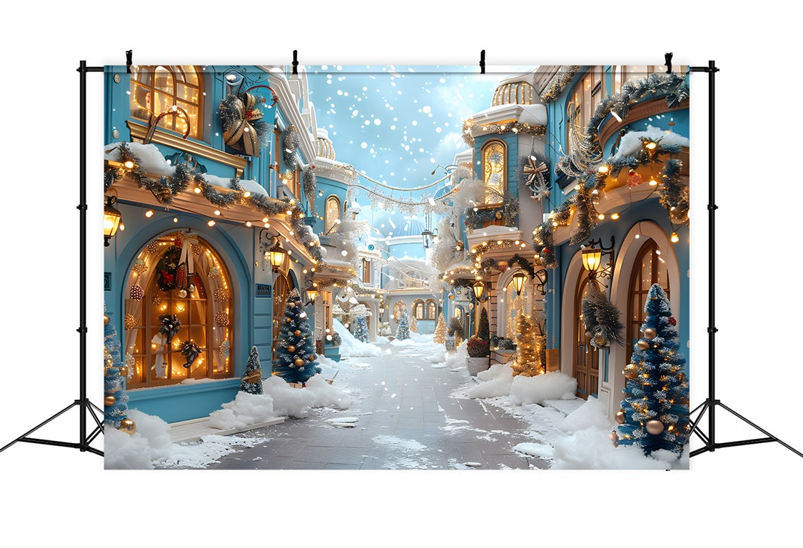 Christmas Blue Village Snowy Decorations Backdrop RR7-646