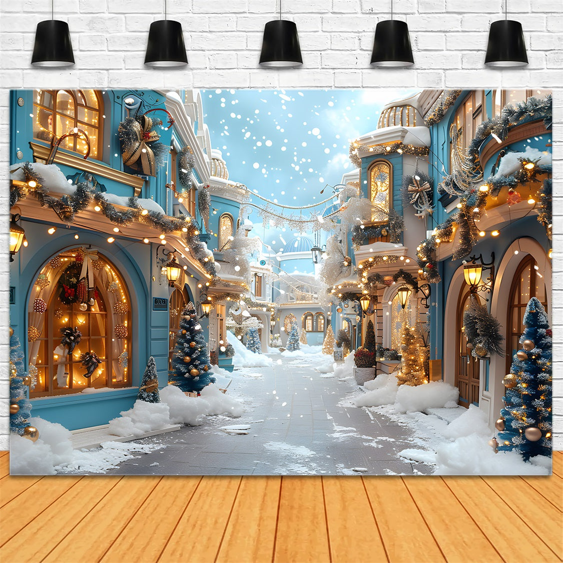 Christmas Blue Village Snowy Decorations Backdrop RR7-646