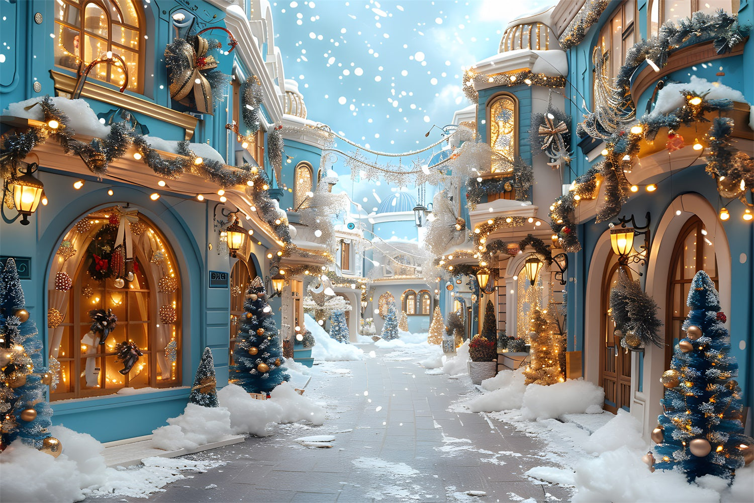 Christmas Blue Village Snowy Decorations Backdrop RR7-646