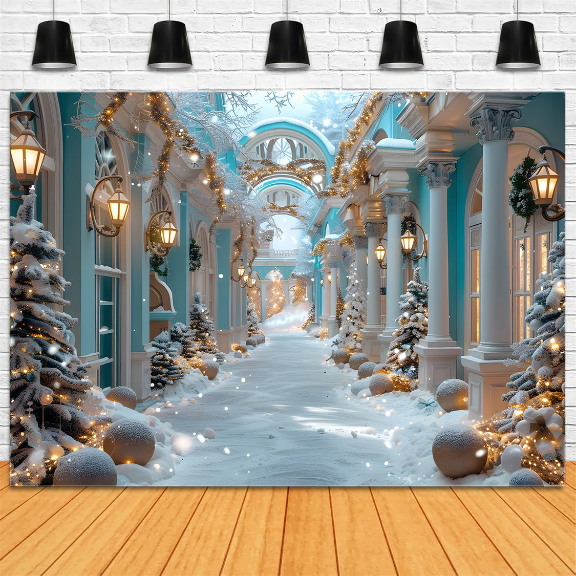 Christmas Elegant Blue Courtyard Backdrop RR7-647