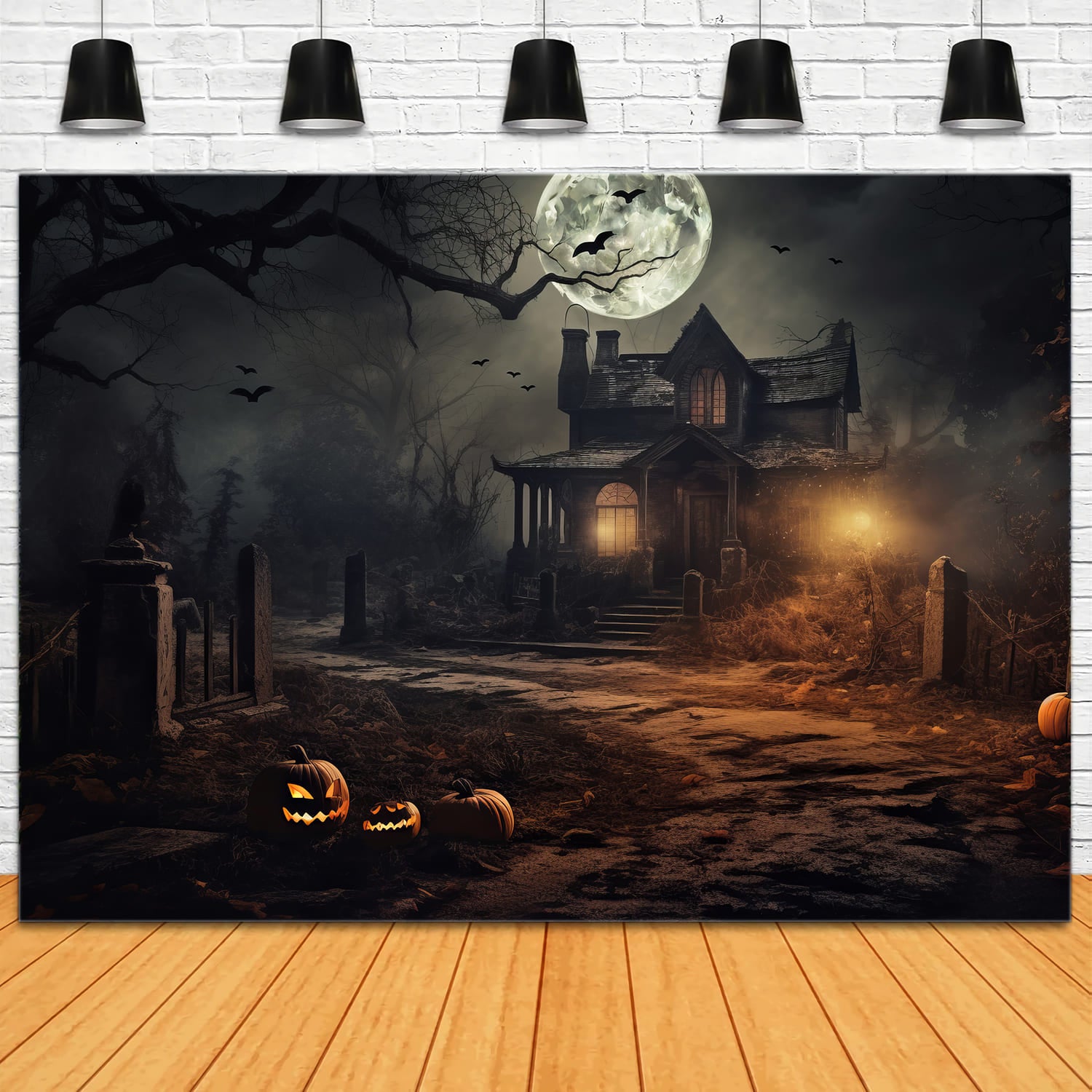 Halloween Forest Moonlit Night Bats Backdrop RR7-65