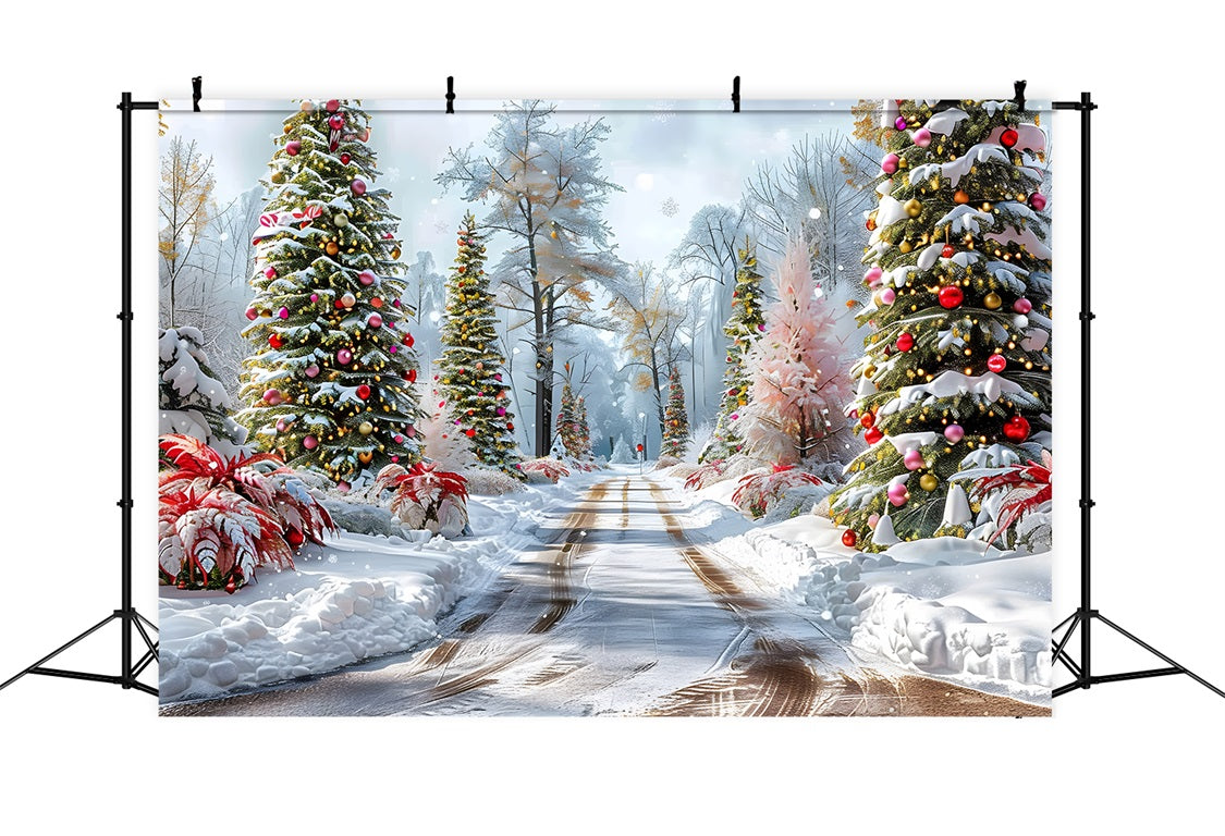 Christmas Forest Path Decorated Trees Backdrop RR7-652