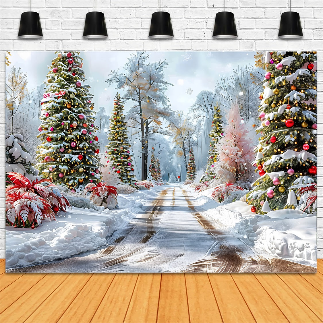 Christmas Forest Path Decorated Trees Backdrop RR7-652