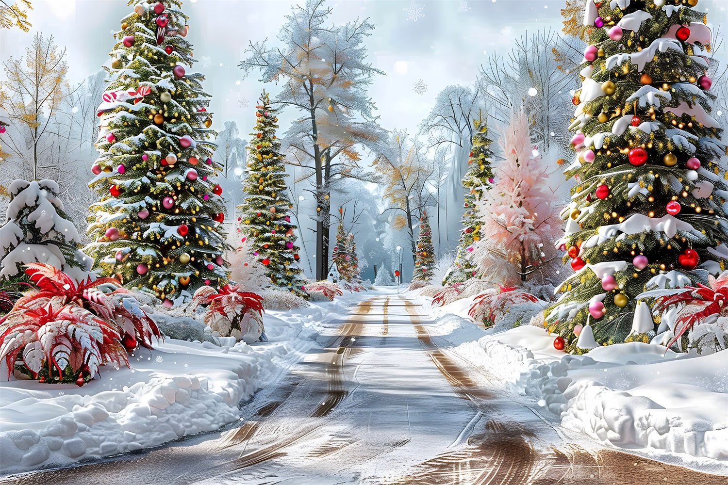 Christmas Forest Path Decorated Trees Backdrop RR7-652