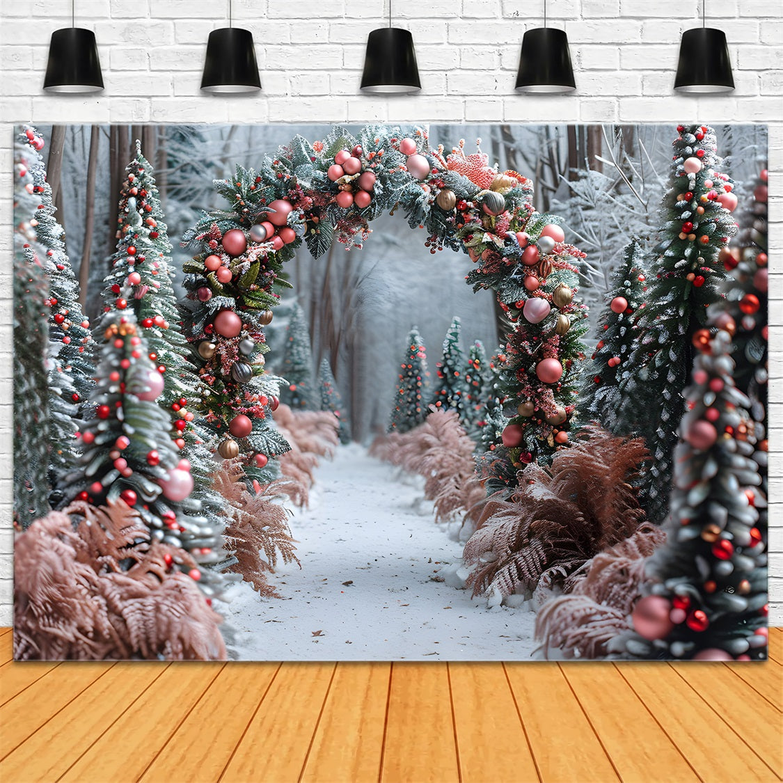 Christmas Pink Gold Ornament Archway Forest Backdrop RR7-653