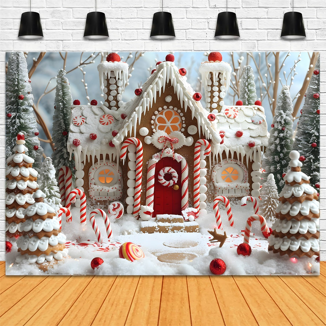 Christmas Gingerbread House Candy Cane Backdrop RR7-656