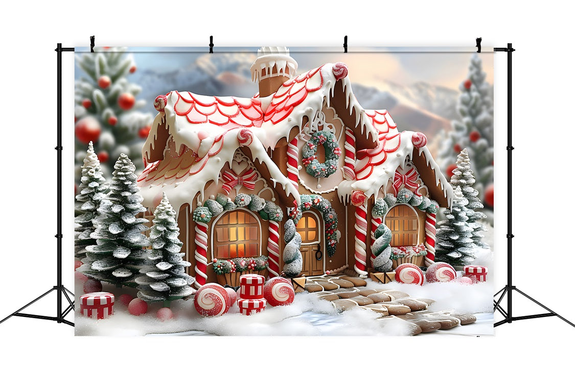 Christmas Candy Cane Gingerbread Cottage Backdrop RR7-659