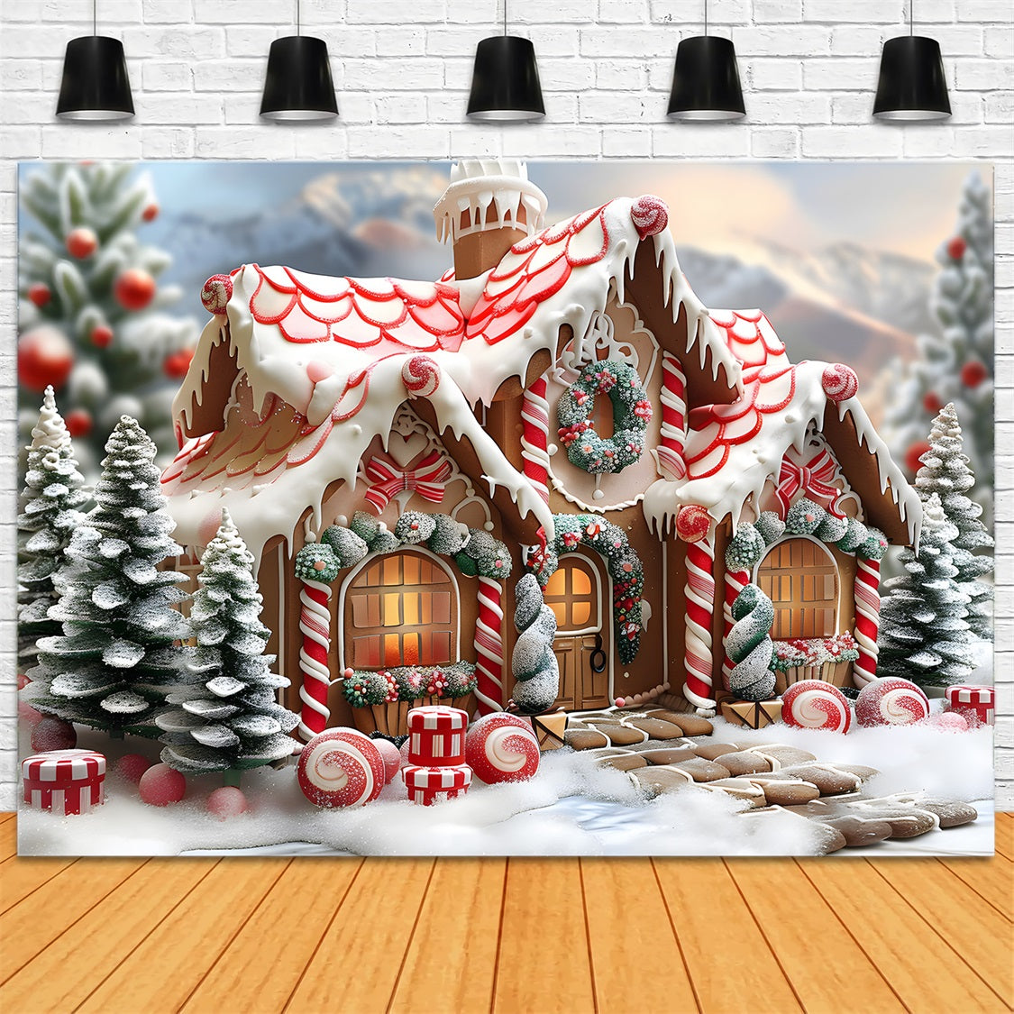 Christmas Candy Cane Gingerbread Cottage Backdrop RR7-659