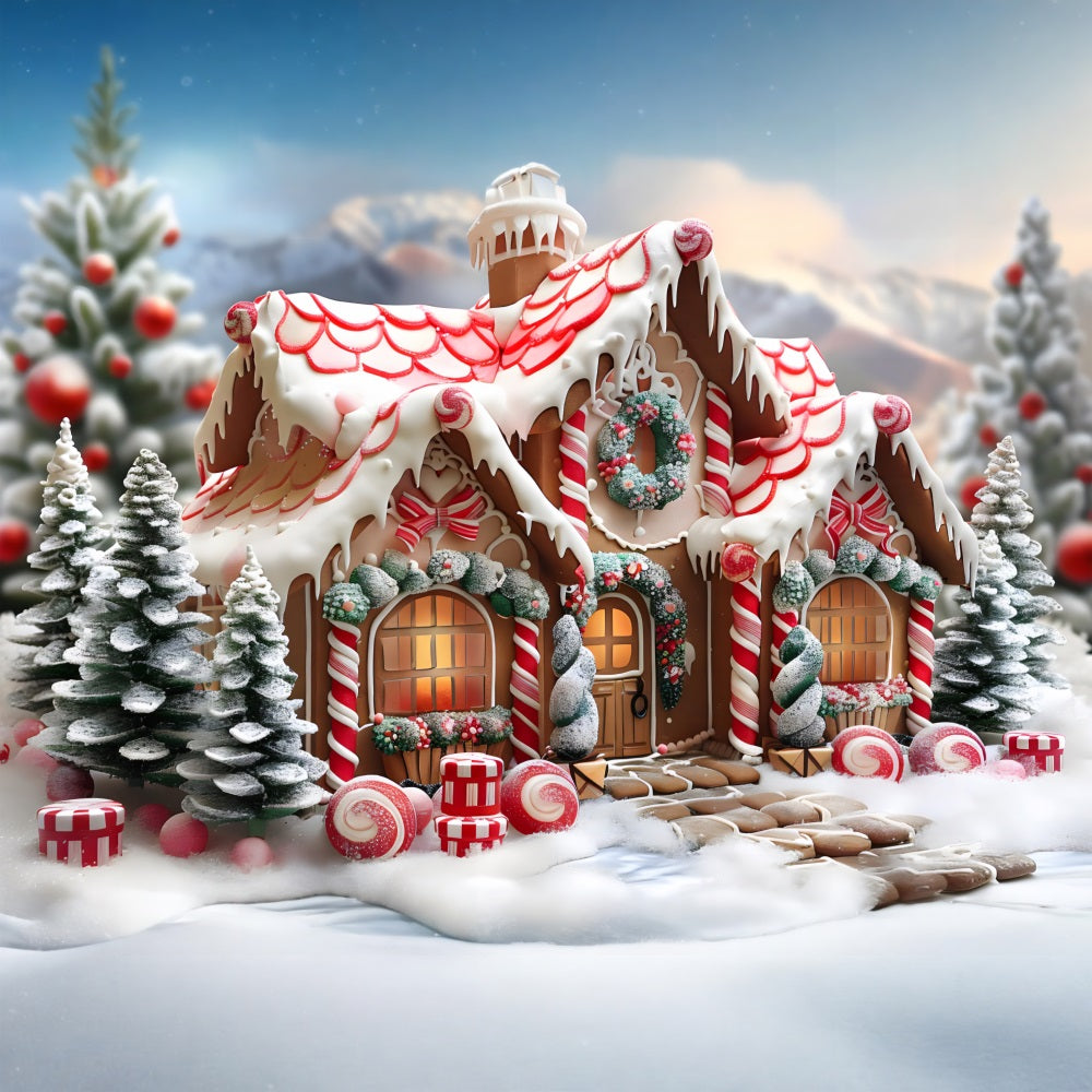 Christmas Candy Cane Gingerbread Cottage Backdrop RR7-659