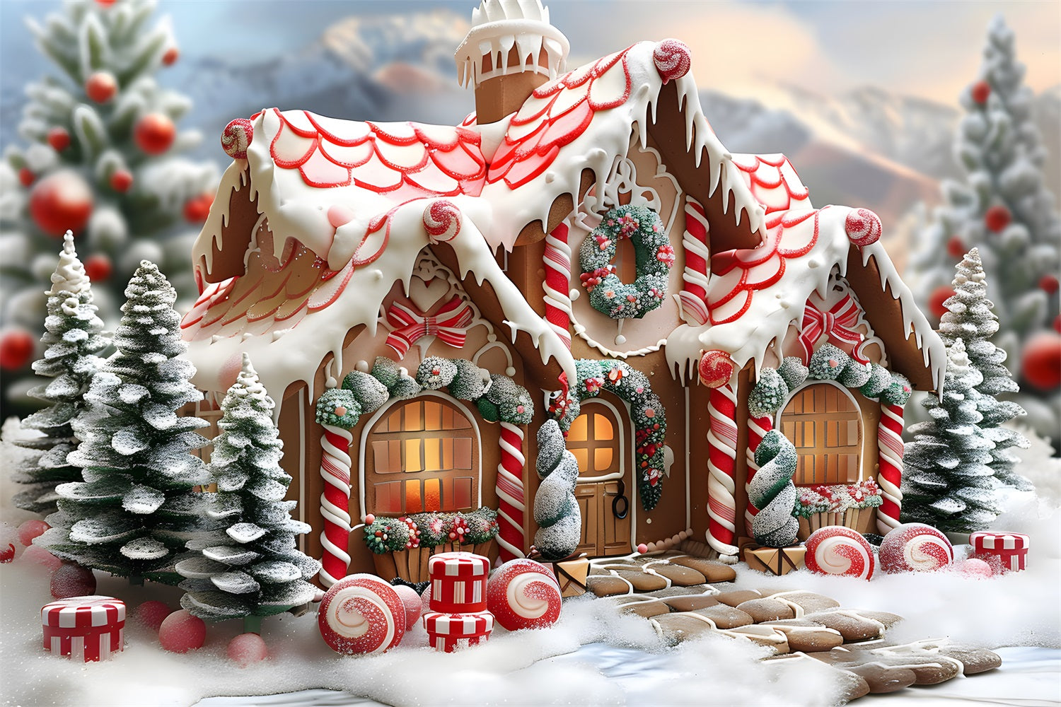 Christmas Candy Cane Gingerbread Cottage Backdrop RR7-659