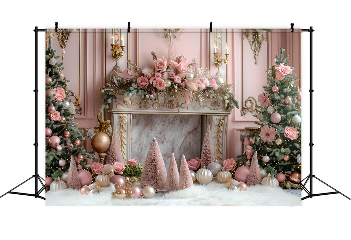 Christmas Pink Elegant Fireplace Trees Backdrop RR7-663