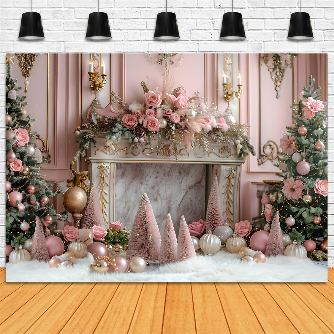 Christmas Pink Elegant Fireplace Trees Backdrop RR7-663