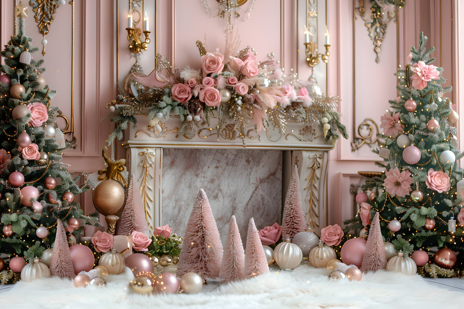 Christmas Pink Elegant Fireplace Trees Backdrop RR7-663