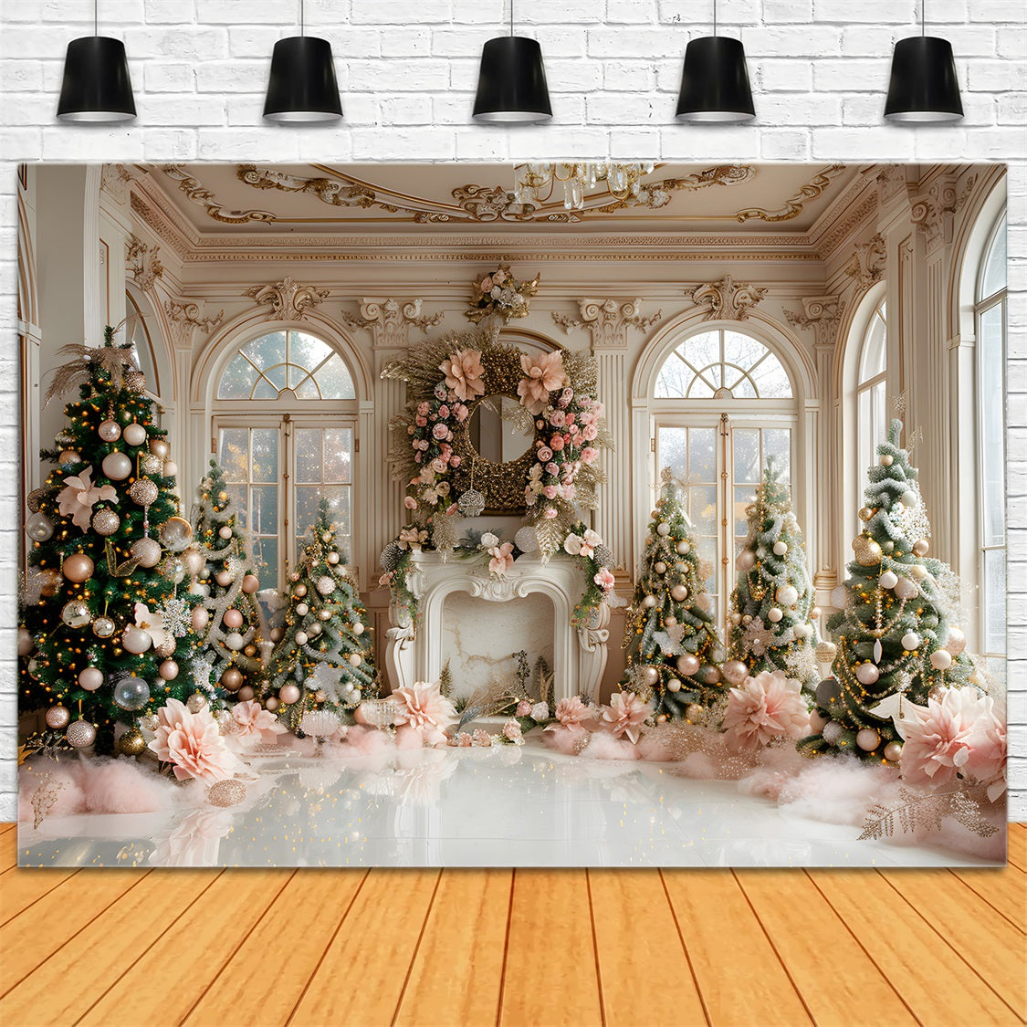 Christmas Luxurious Pink Gold Fireplace Backdrop RR7-664