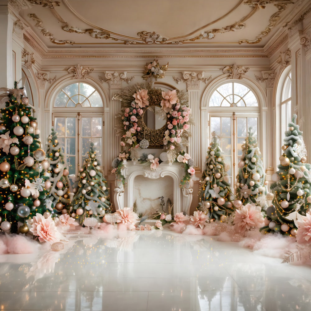 Christmas Luxurious Pink Gold Fireplace Backdrop RR7-664