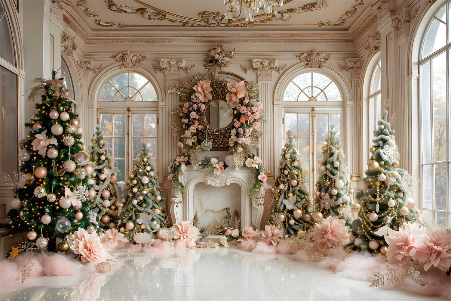 Christmas Luxurious Pink Gold Fireplace Backdrop RR7-664