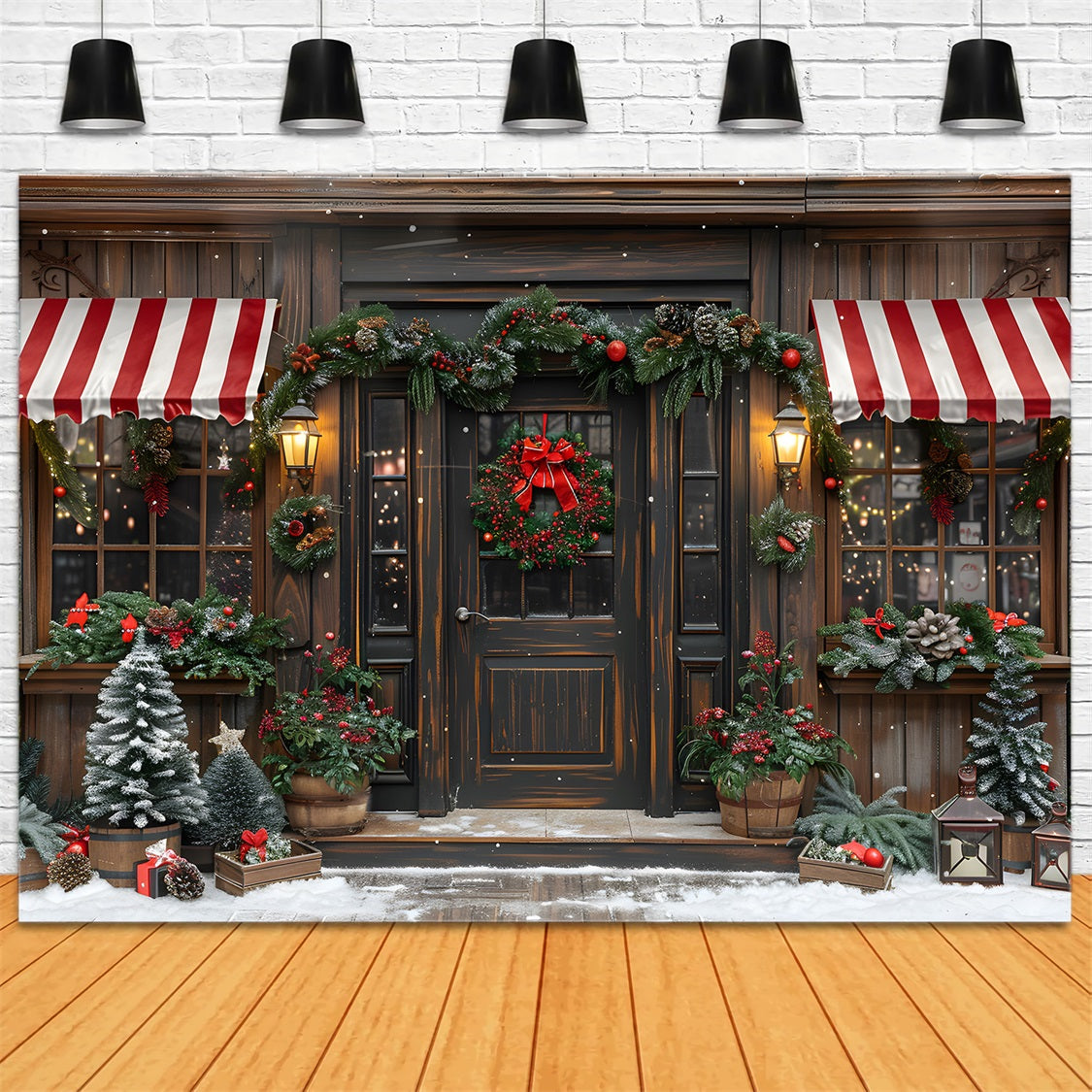 Christmas Rustic Storefront  Wreath Backdrop RR7-666