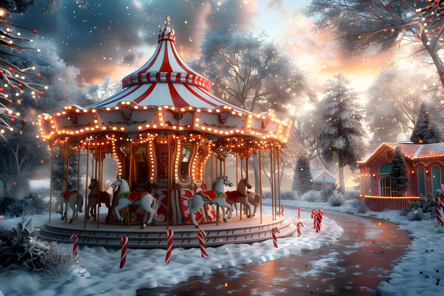 Christmas Carousel Dusk Winter Wonderland Backdrop RR7-675