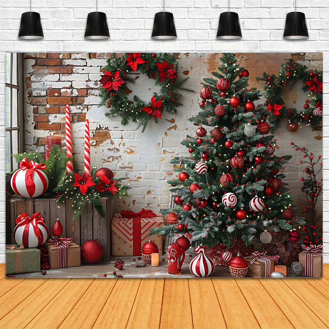 Christmas Brick Wall Red White Decorations Backdrop RR7-676