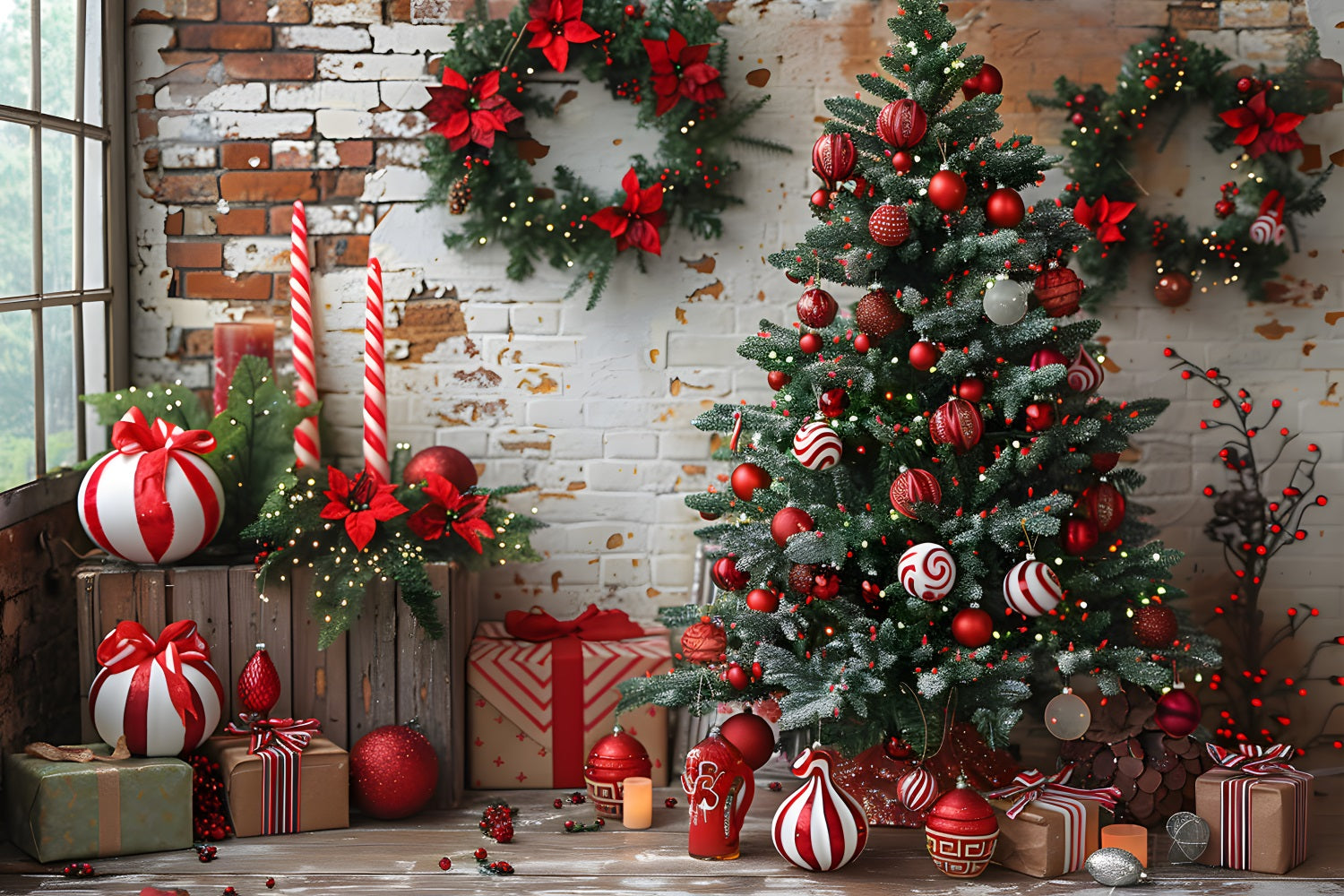 Christmas Brick Wall Red White Decorations Backdrop RR7-676