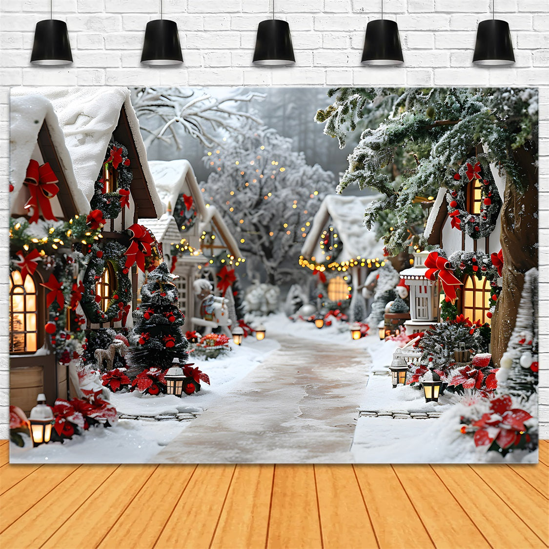 Christmas Village Bow Decorations Backdrop RR7-679