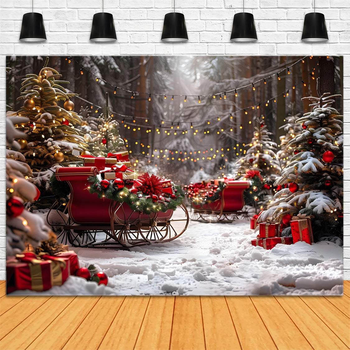 Christmas Sleighs Lights Snowy Forest Backdrop RR7-680