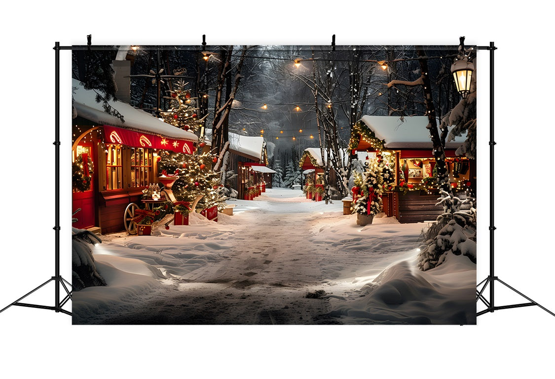 Christmas Shop Stalls Snowy Night Forest Backdrop RR7-681